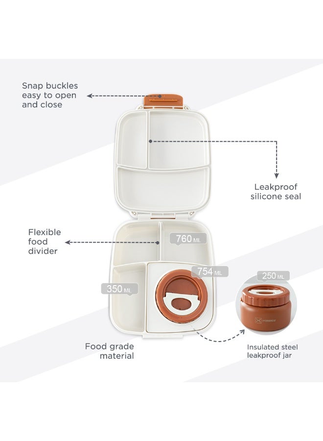 Hydrobrew Mega Flex Bento Lunch Box 1864ml w/ Lunch Bag & Bottle – Leakproof Set Ivory Terracotta - Image 5