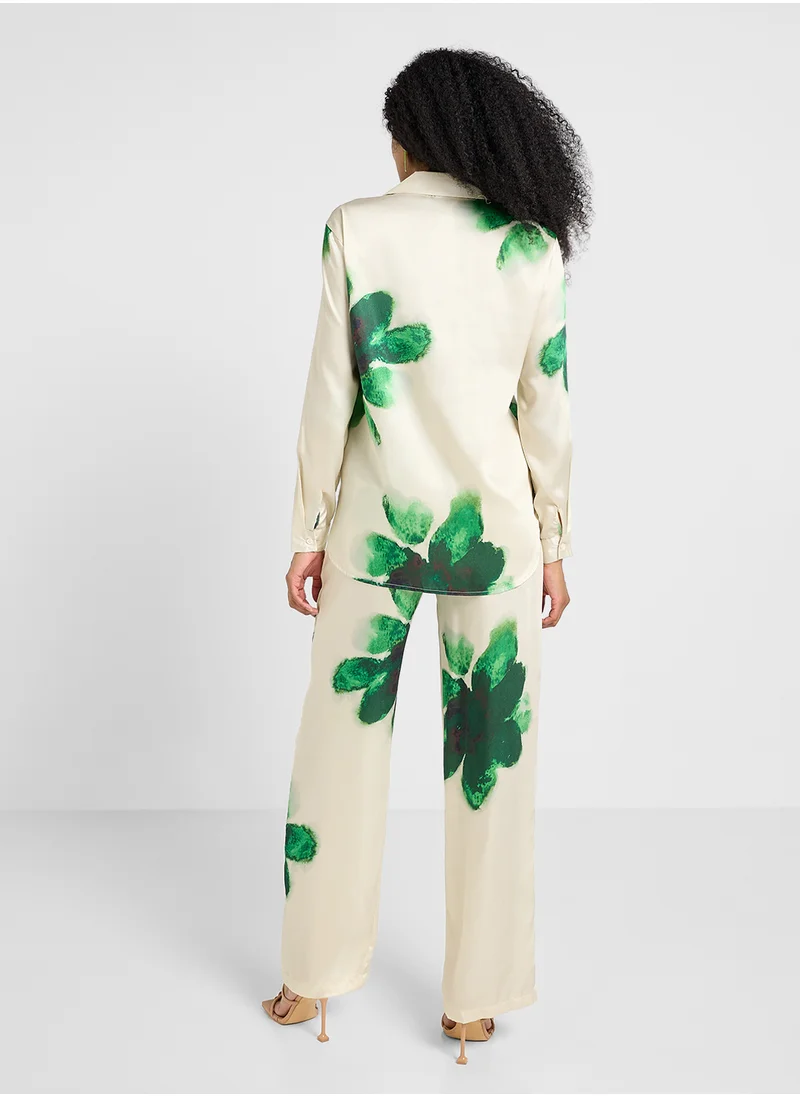 جينجر Satin Floral Print Relaxed Shirt & Pant Co-Ord Set