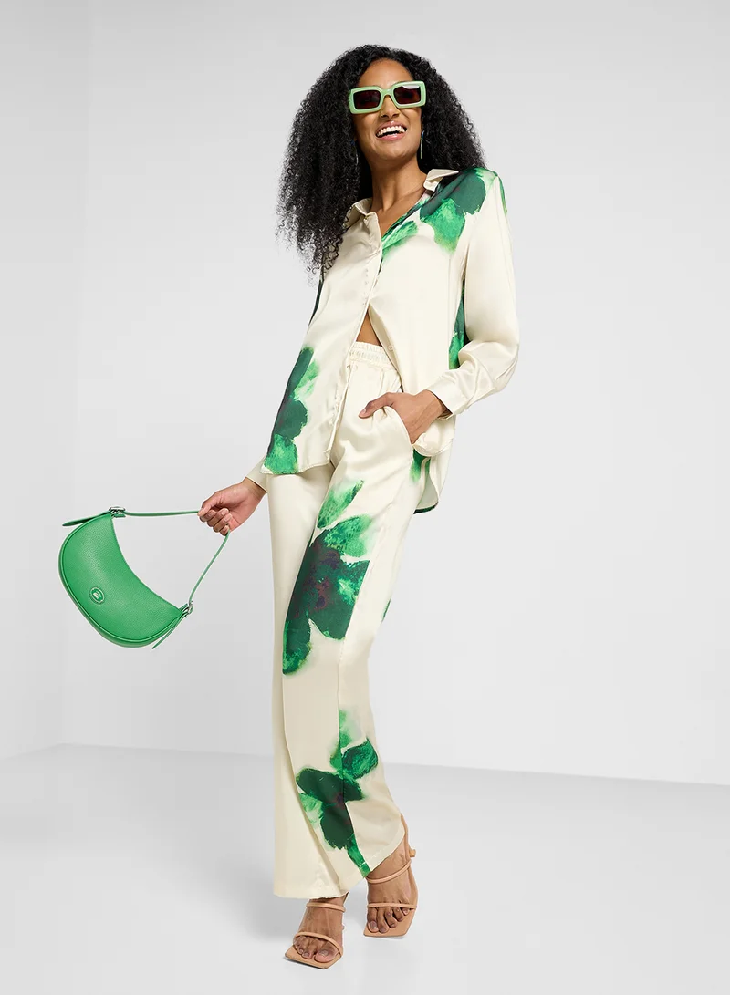 جينجر Satin Floral Print Relaxed Shirt & Pant Co-Ord Set
