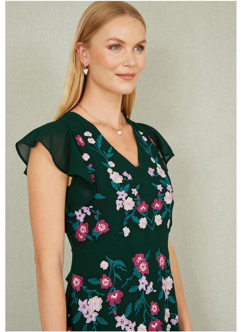 Yumi - Yumi Green All Over Floral Embroidery Midi Skater Dress - Image 1