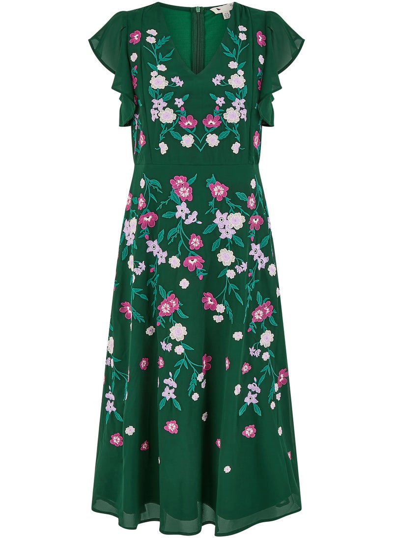 Yumi - Yumi Green All Over Floral Embroidery Midi Skater Dress - Image 1