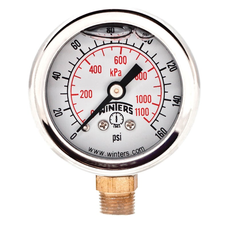 Winters Instruments Winters 1-1/2 inch Dial Size, Glycerin Filled Industrial Pressure Gauge, Brass Internals, 304 Stainless Steel Case, Dual Scale 0-160 psi/kPa, 2.5% Acc, 1/8 inch NPT Bottom Mount, Liquid Filled Gauge - Image 3