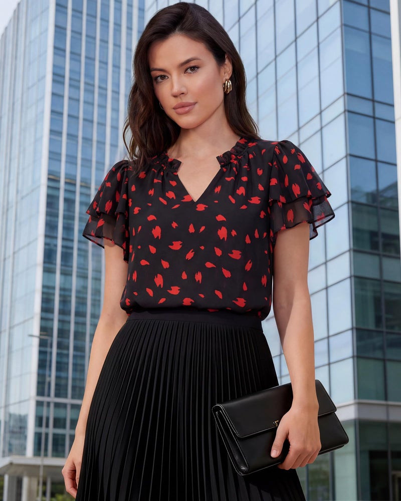 Timeson Ladies Tops and Blouses: Business Casual Chiffon No Iron Summer Tops Work Office Teacher Clothes â€” Womens Short Sleeve Blouses Lightweight V-Neck Black Dress Shirts Dressy Interview Outfits - Image 3