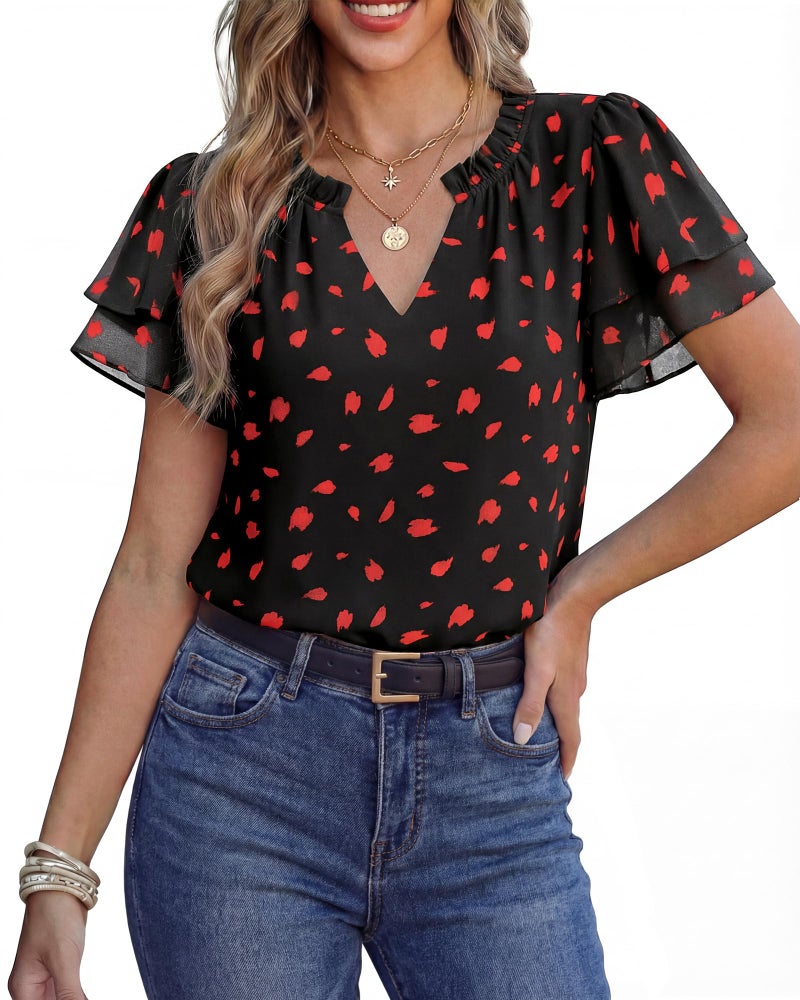 Timeson Ladies Tops and Blouses: Business Casual Chiffon No Iron Summer Tops Work Office Teacher Clothes â€” Womens Short Sleeve Blouses Lightweight V-Neck Black Dress Shirts Dressy Interview Outfits - Image 2