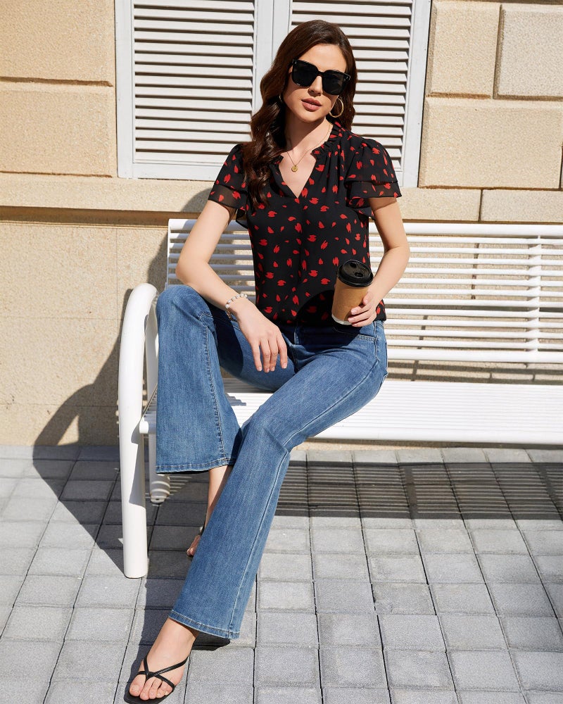 Timeson Ladies Tops and Blouses: Business Casual Chiffon No Iron Summer Tops Work Office Teacher Clothes â€” Womens Short Sleeve Blouses Lightweight V-Neck Black Dress Shirts Dressy Interview Outfits - Image 4