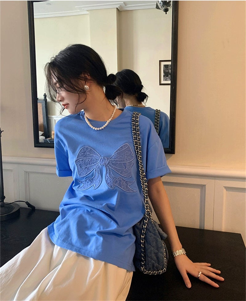 Casual All-Match Short-Sleeved T-Shirt Women'S 2024 Arrival Bow Design Sense Western Style Slim T-Shirt Top Stitching - Image 1