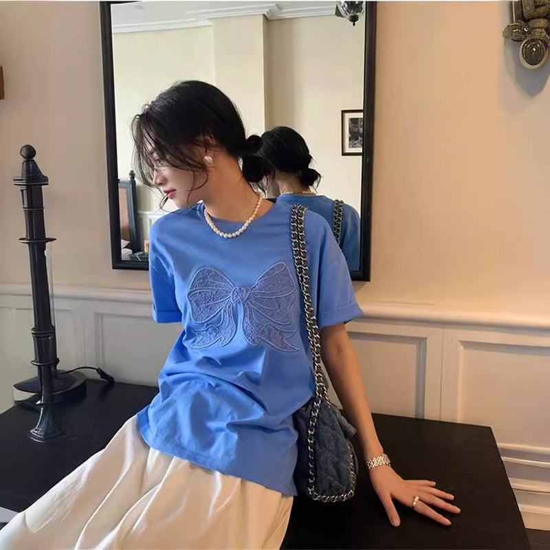 Casual All-Match Short-Sleeved T-Shirt Women'S 2024 Arrival Bow Design Sense Western Style Slim T-Shirt Top Stitching - Image 4