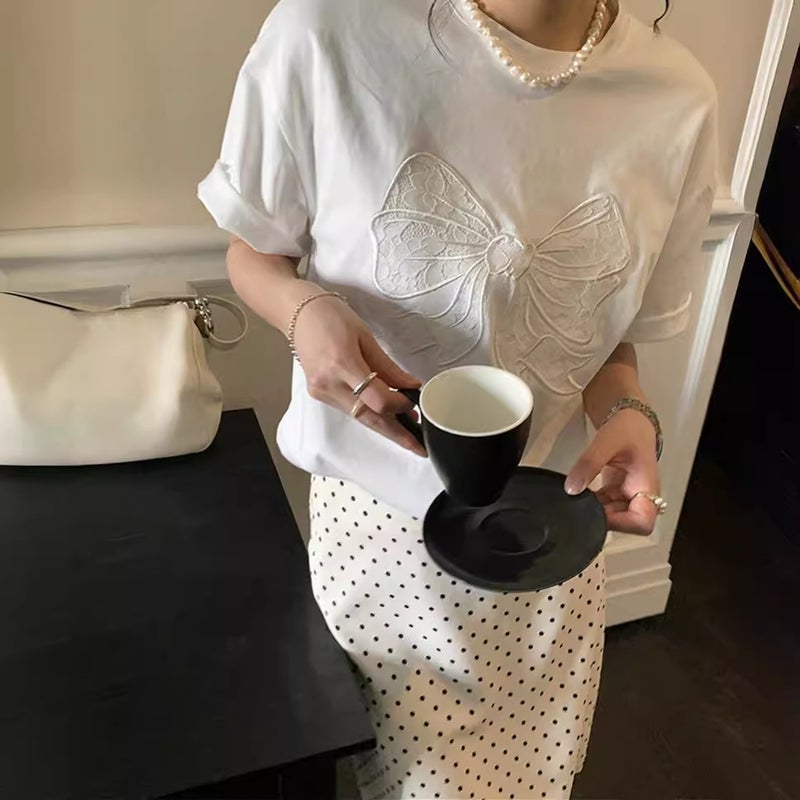 Casual All-Match Short-Sleeved T-Shirt Women'S 2024 Arrival Bow Design Sense Western Style Slim T-Shirt Top Stitching - Image 2