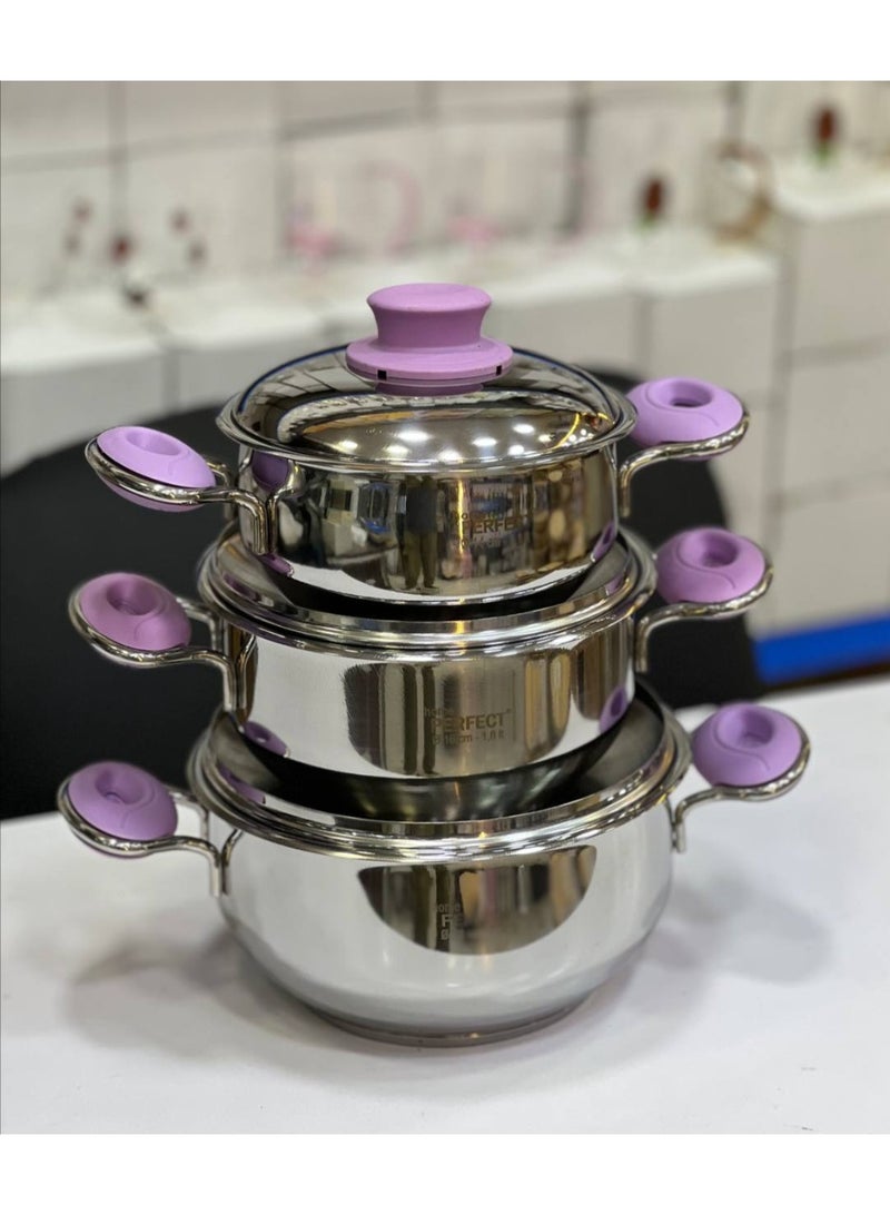Perfect Stainless steel cookware set with colored handles, 3 pieces: 14 cm (1.1 L), 16 cm (1.6 L), 18 cm (2 L) - Image 2