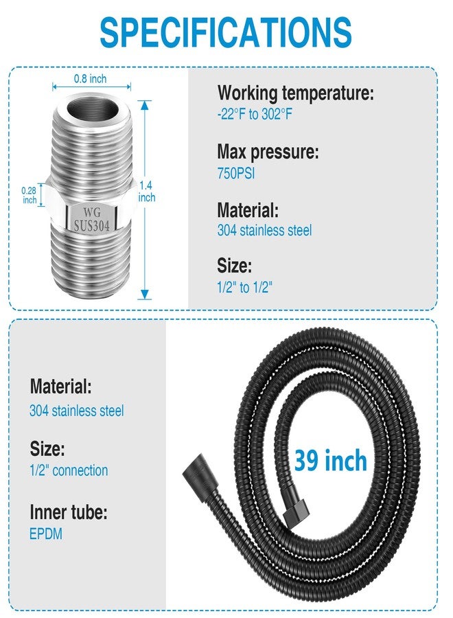 Dreyoo خرطوم رأس دش Dreyoo أسود غير لامع مع موصل تمديد، 39 بوصة محمول باليد مع ملحق نحاسي وصامولة، موسع خرطوم دش من 1/2 إلى 1/2، من الفولاذ المقاوم للصدأ - Image 2