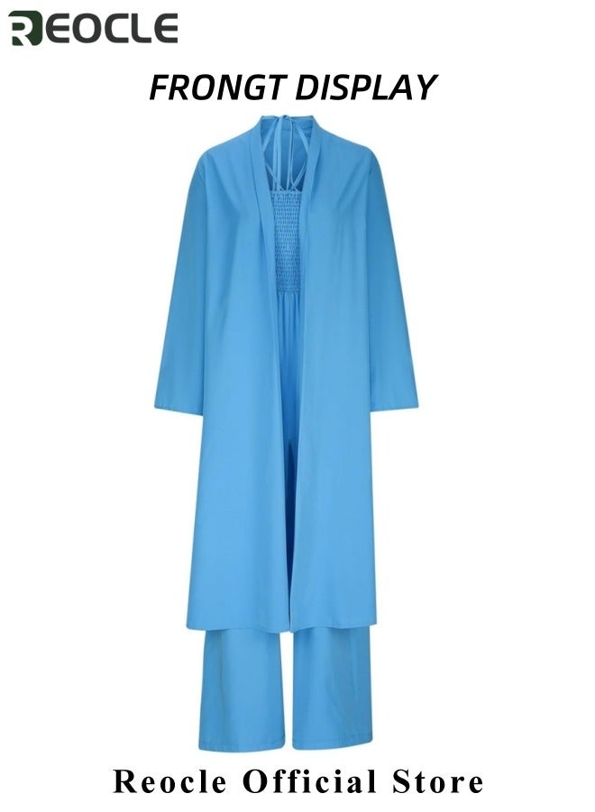 REOCLE Women's Outfits Two Piece Plus Size Matching Sets Halter Neck Ruched Overalls with Open Front Long Cardigan - Image 2