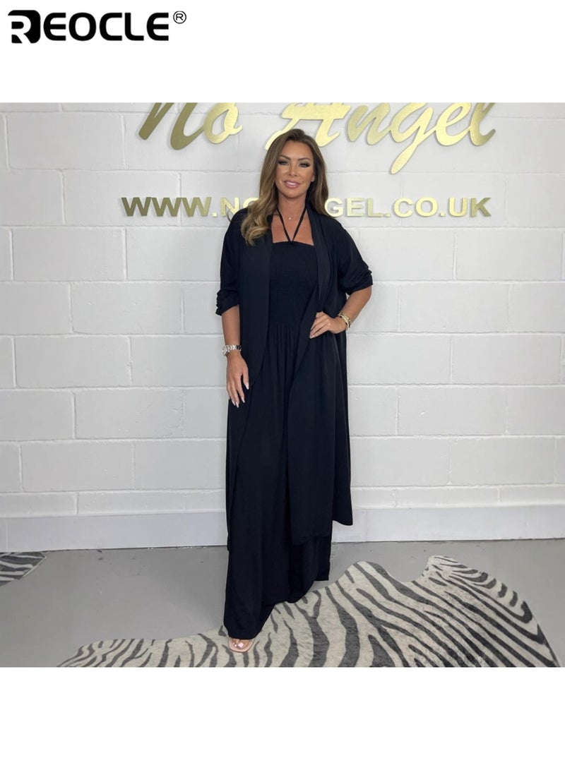 REOCLE Women's Outfits Two Piece Plus Size Matching Sets Halter Neck Ruched Overalls with Open Front Long Cardigan - Image 1