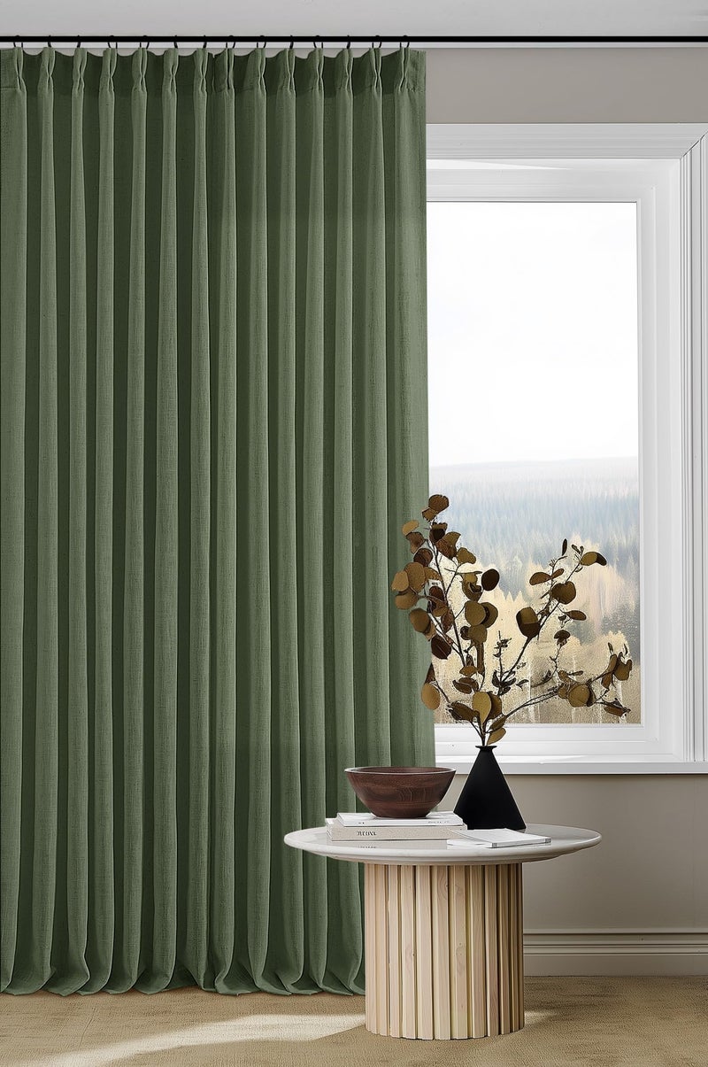 TWODRAPES Thick Linen Olive Green Curtains 96 Inches Long for Living Room Bedroom Aesthetic Pinch Pleated Drapes with Hooks Rings Back Tab Light Filtering Ceiling Floor Custom Made Memory Trained Curtain Loden - Image 1