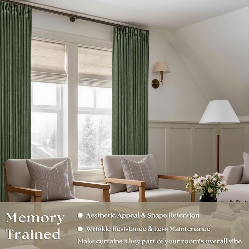 TWODRAPES Thick Linen Olive Green Curtains 96 Inches Long for Living Room Bedroom Aesthetic Pinch Pleated Drapes with Hooks Rings Back Tab Light Filtering Ceiling Floor Custom Made Memory Trained Curtain Loden - Image 2