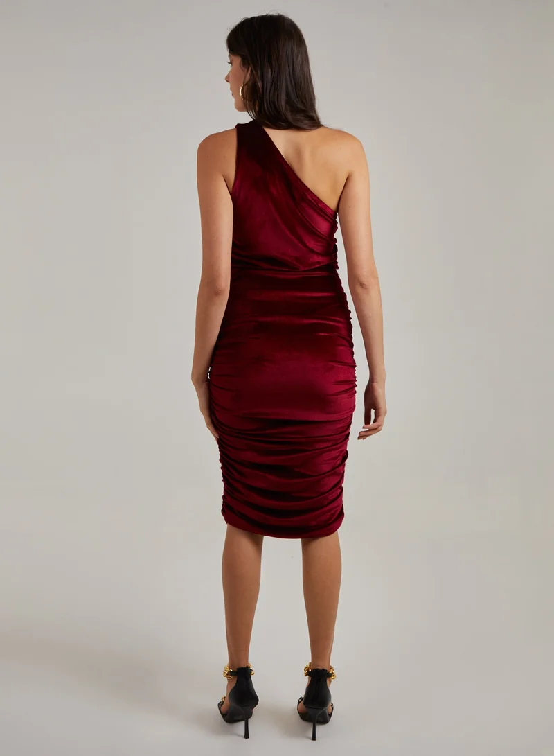 بينك فانيلا Velvet Ruched One Shoulder Midi Dress