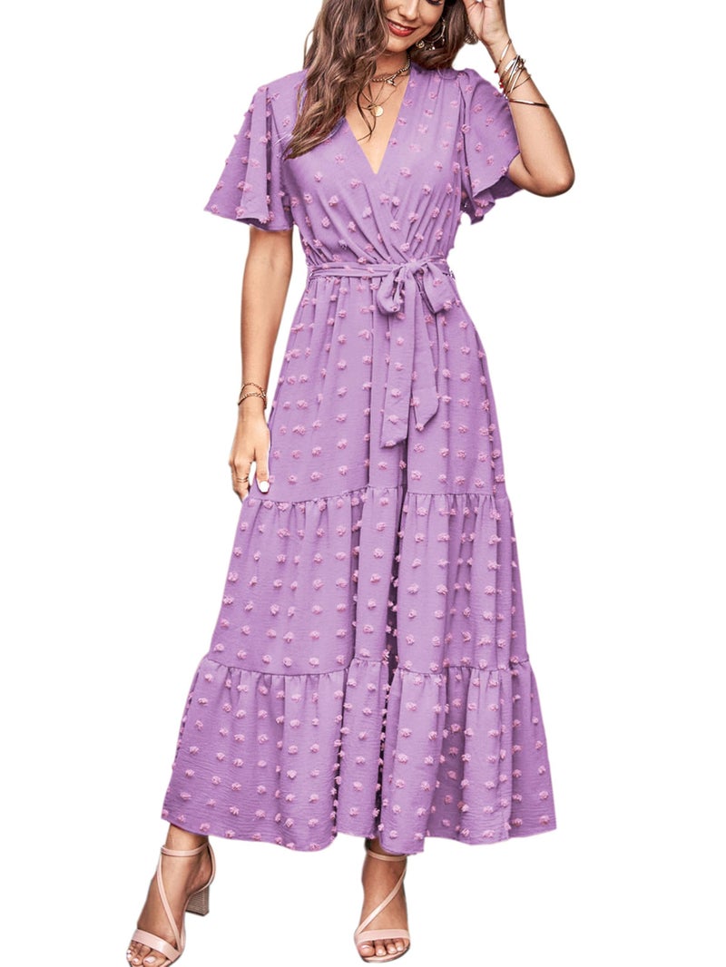 MASCOMODA Womens Swiss Dot Maxi Spring Wedding Guest Dress 2025 Casual Wrap V Neck Flutter Sleeve Long Flowy Party Dresses(Light Purple,Large) - Image 1