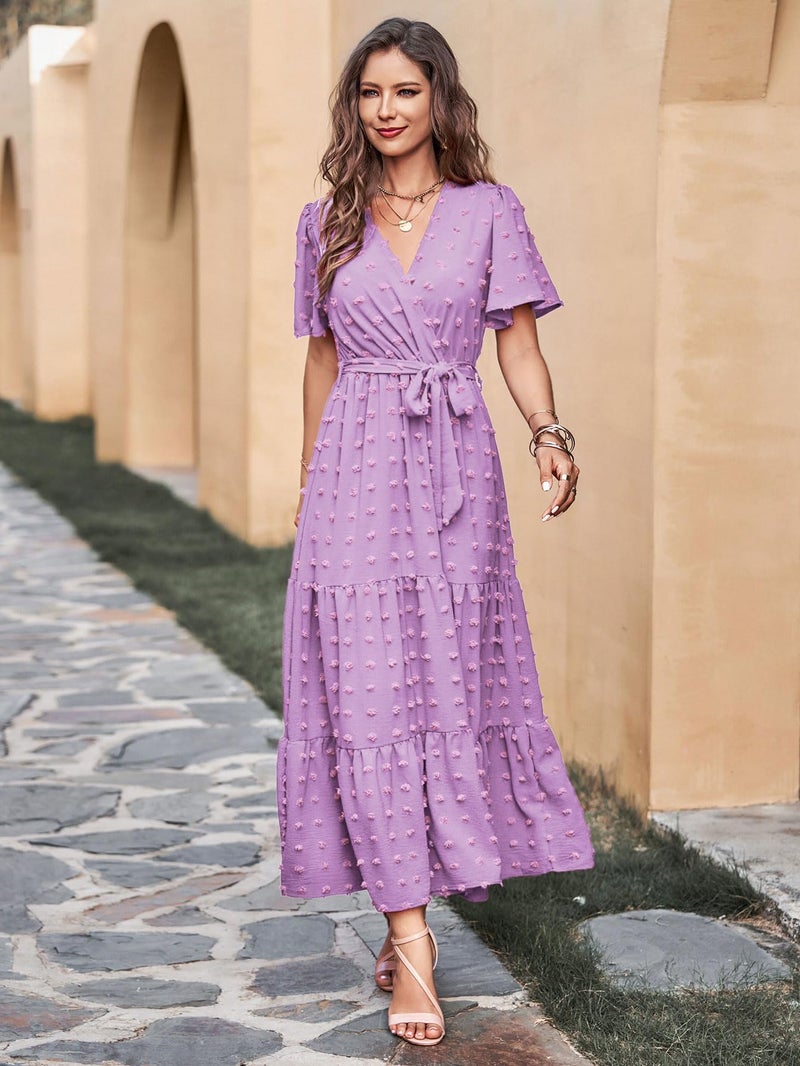 MASCOMODA Womens Swiss Dot Maxi Spring Wedding Guest Dress 2025 Casual Wrap V Neck Flutter Sleeve Long Flowy Party Dresses(Light Purple,Large) - Image 3