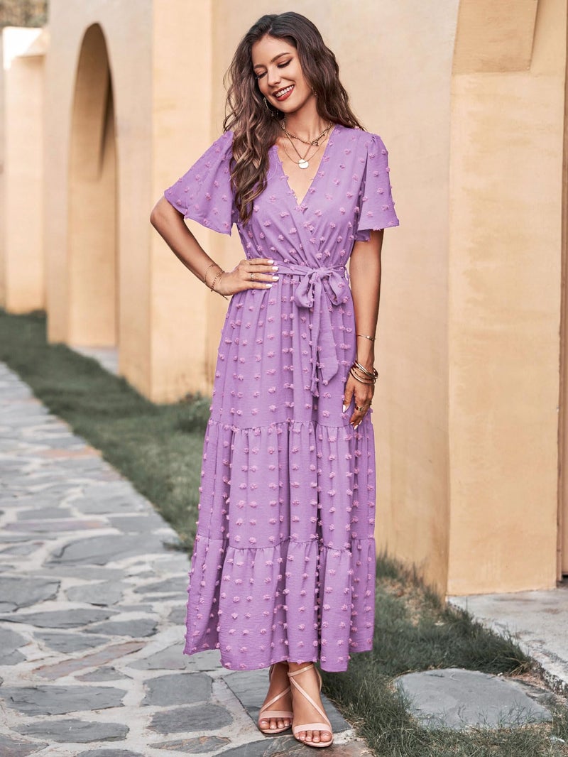 MASCOMODA Womens Swiss Dot Maxi Spring Wedding Guest Dress 2025 Casual Wrap V Neck Flutter Sleeve Long Flowy Party Dresses(Light Purple,Large) - Image 4
