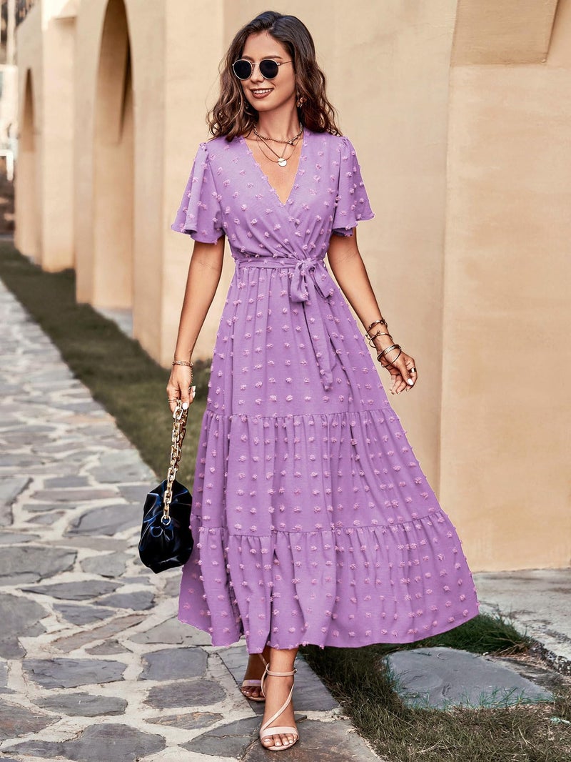 MASCOMODA Womens Swiss Dot Maxi Spring Wedding Guest Dress 2025 Casual Wrap V Neck Flutter Sleeve Long Flowy Party Dresses(Light Purple,Large) - Image 5