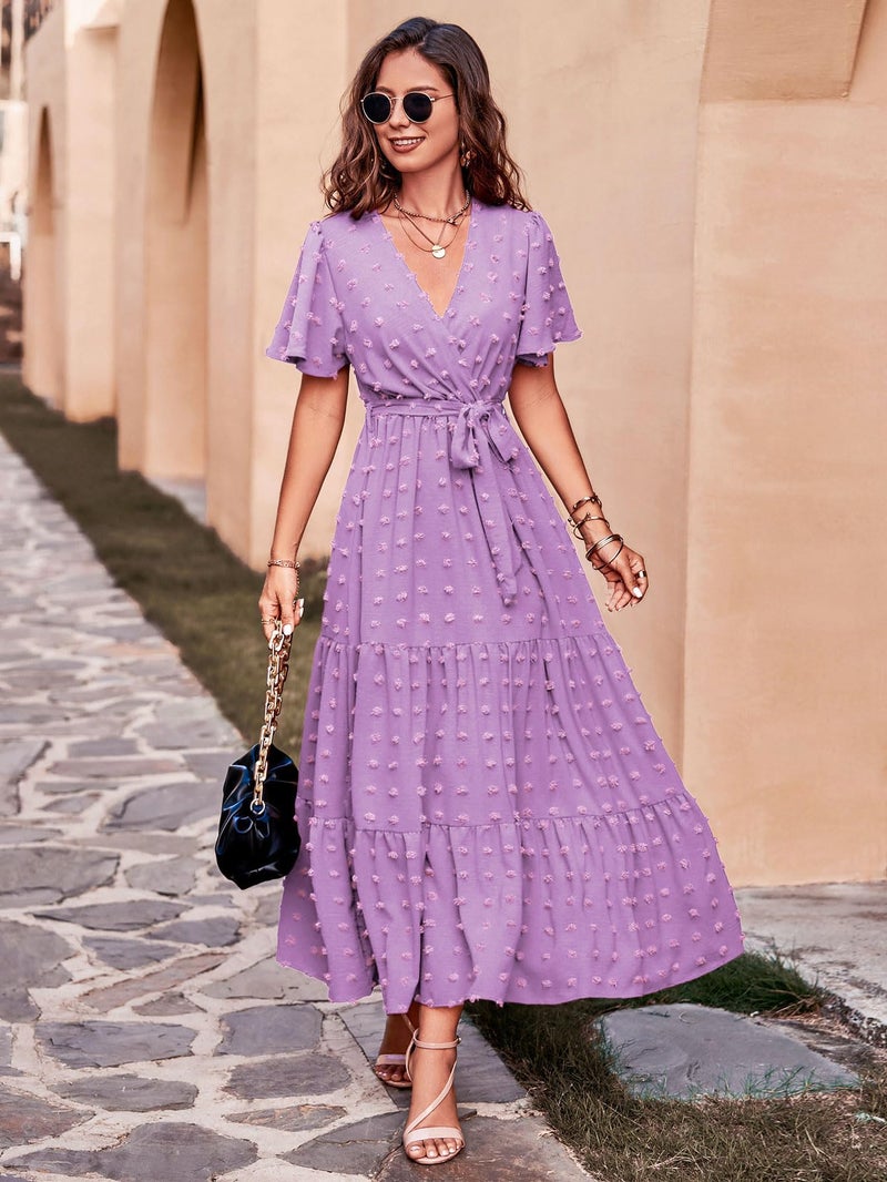 MASCOMODA Womens Swiss Dot Maxi Spring Wedding Guest Dress 2025 Casual Wrap V Neck Flutter Sleeve Long Flowy Party Dresses(Light Purple,Large) - Image 2