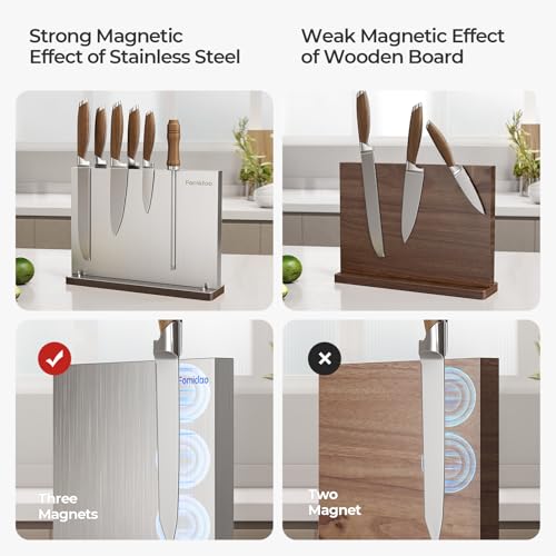 Fomidao Magnetic Knife Block,Stainless Steel Magnetic Knife Holder Rack for Kitchen Counter,Strong Double Sided Magnet Knife Storage Stand with Wood Base - Image 3