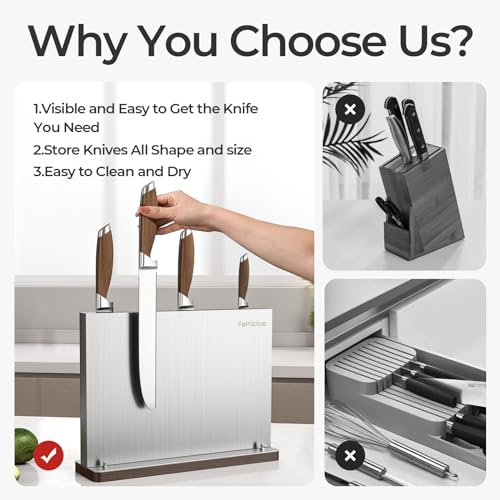 Fomidao Magnetic Knife Block,Stainless Steel Magnetic Knife Holder Rack for Kitchen Counter,Strong Double Sided Magnet Knife Storage Stand with Wood Base - Image 4