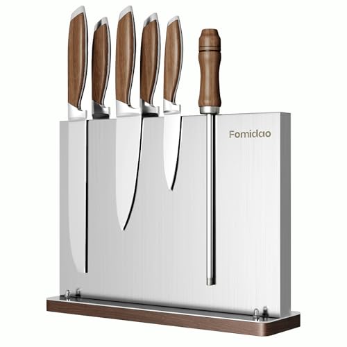 Fomidao Magnetic Knife Block,Stainless Steel Magnetic Knife Holder Rack for Kitchen Counter,Strong Double Sided Magnet Knife Storage Stand with Wood Base - Image 1