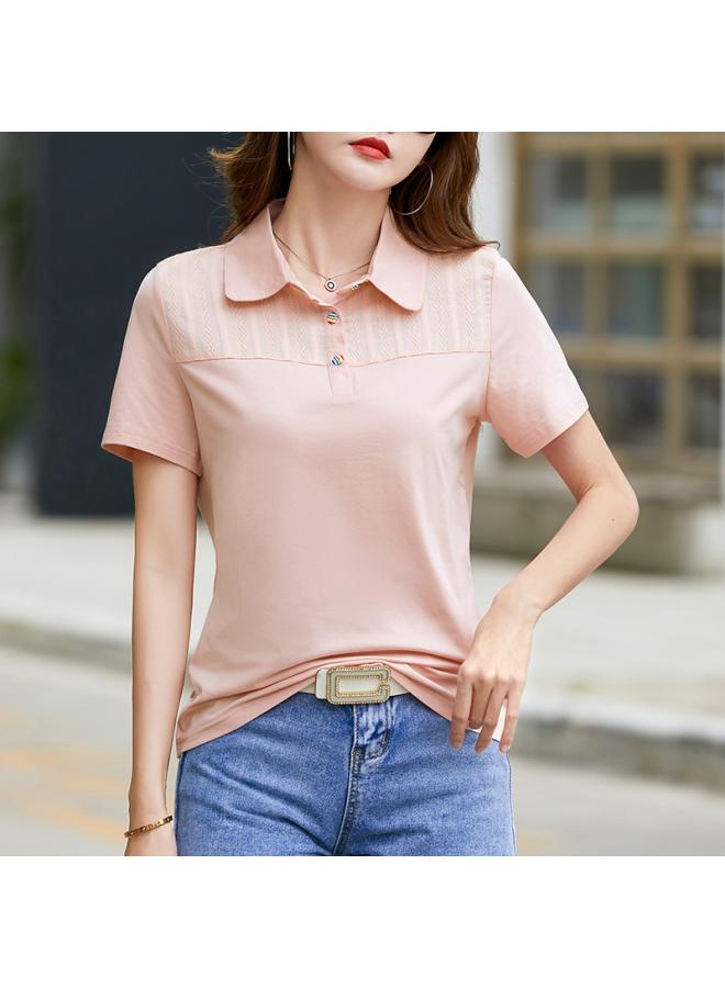 Pure Cotton Short Sleeve Polo Shirt Women's Thin Summer New Mother Slimming Lapel Casual Large Size Women's Clothing