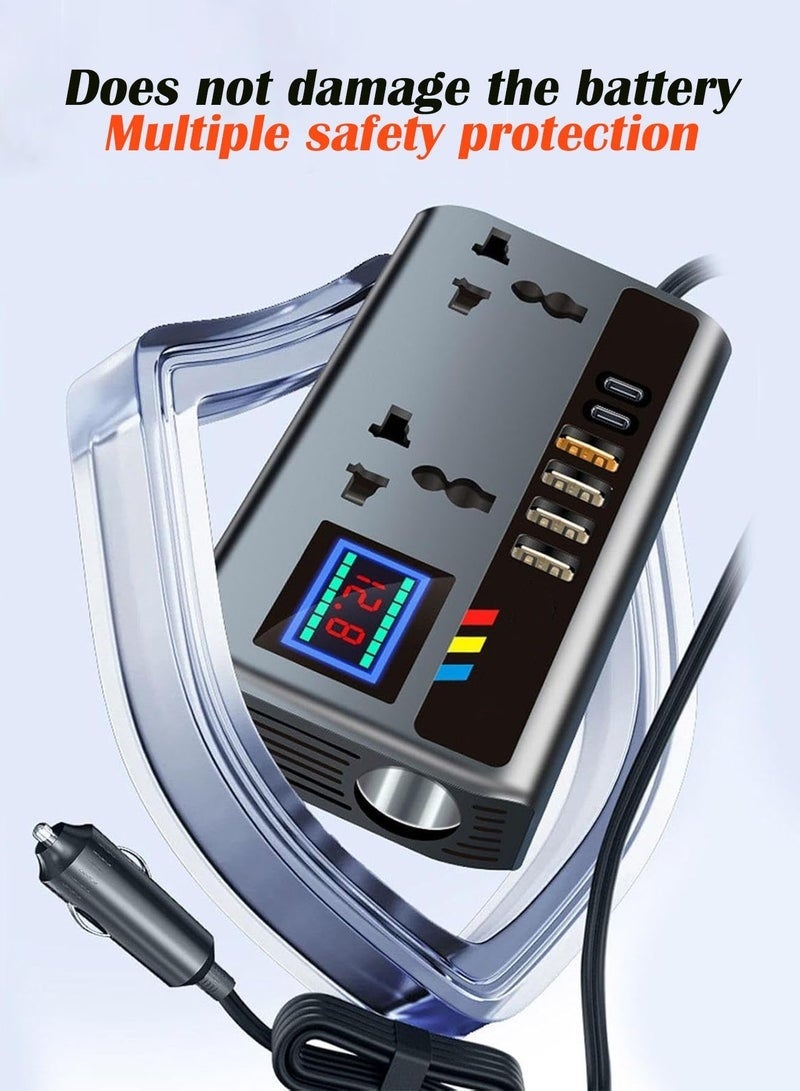 200W Car Power Inverter, Car Electric Outlet Adapter, DC 12/24V to 220V AC , Car Plug Converter with 3 USB Ports and 2 Type-C Ports, Built-in Switch and LCD Current Display, Compatible with Cars and Trucks - Image 4