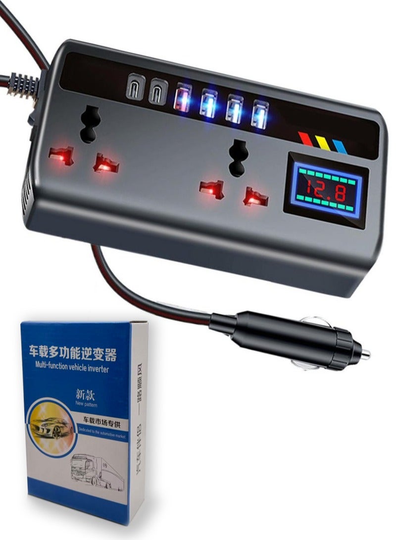 200W Car Power Inverter, Car Electric Outlet Adapter, DC 12/24V to 220V AC , Car Plug Converter with 3 USB Ports and 2 Type-C Ports, Built-in Switch and LCD Current Display, Compatible with Cars and Trucks - Image 1