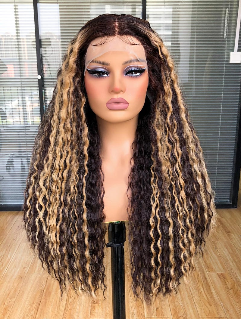 Annivia 26Inch Curly Lace Front Wigs,Honey Blonde Highlights Deep Wave Lace Front wig for Black Women,HD Glueless Lace Wigs Pre Plucked Afro Kinky Curly Synthetic Lace Frontal Wigs