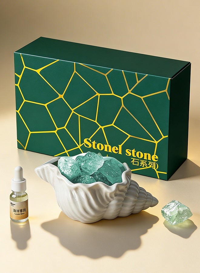Ocean Mint Crystal Stone Aromatherapy Diffuser Set, Natural Green Crystal + Ceramic Seashell Holder + Refreshing Fragrance Oil, Flameless Home Scent Diffuser for Living Room, Bedroom, Bathroom & Gifting - Image 1