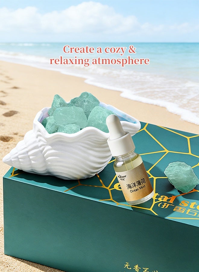 Ocean Mint Crystal Stone Aromatherapy Diffuser Set, Natural Green Crystal + Ceramic Seashell Holder + Refreshing Fragrance Oil, Flameless Home Scent Diffuser for Living Room, Bedroom, Bathroom & Gifting - Image 3