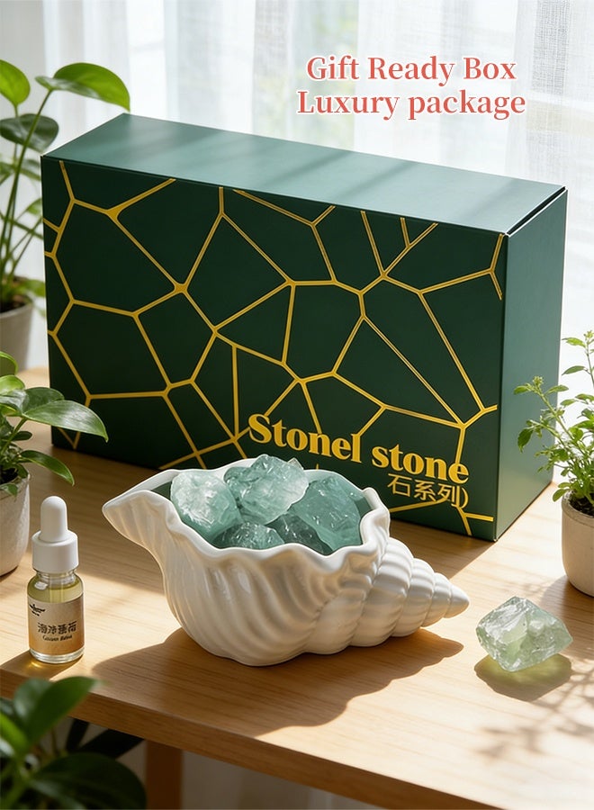 Ocean Mint Crystal Stone Aromatherapy Diffuser Set, Natural Green Crystal + Ceramic Seashell Holder + Refreshing Fragrance Oil, Flameless Home Scent Diffuser for Living Room, Bedroom, Bathroom & Gifting - Image 5