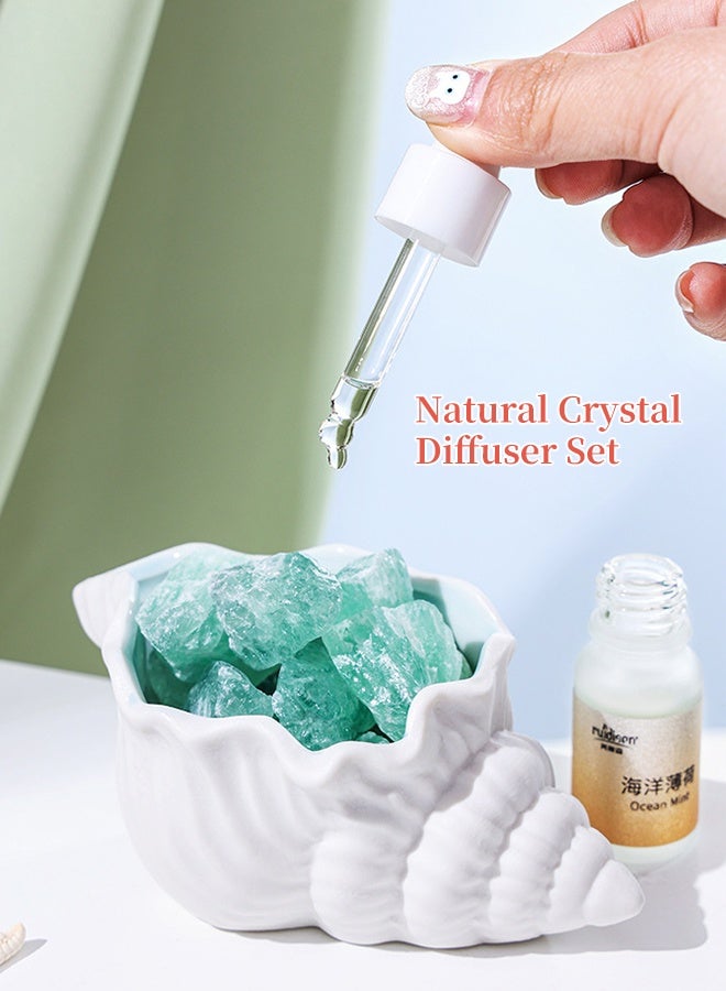 Ocean Mint Crystal Stone Aromatherapy Diffuser Set, Natural Green Crystal + Ceramic Seashell Holder + Refreshing Fragrance Oil, Flameless Home Scent Diffuser for Living Room, Bedroom, Bathroom & Gifting - Image 2