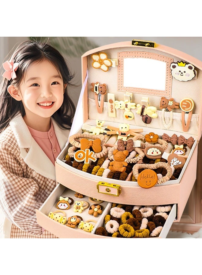 Hair Accessories for Girls, Cute Khaki Hair Accessories Set including Clips, Ties, Barrettes and Bows with Pink Storage Box for Kids Age 3-10 (XX-FSLH1) - Image 1