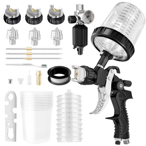GATTLELIC HVLP Air Spray Gun with 1.4/1.7/2mm Nozzles & Air Compressor Regulator, Air Spray Paint Gun w/10pcs 600cc Mixing Cup and Lids, Automotive Paint Sprayer for Car, House Painting, Furniture - Image 1