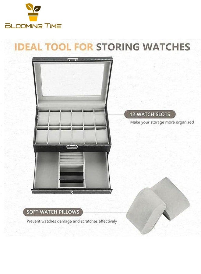 بلومنغ تايم بو الجلود ووتش جمع مربع ، 12 فتحة ووتش مربع والمجوهرات مزيج درج ، الطبقات صعودا وهبوطا ، سهلة لتخزين ، سعة مساحة كبيرة ، للعائلة والأصدقاء - Image 1