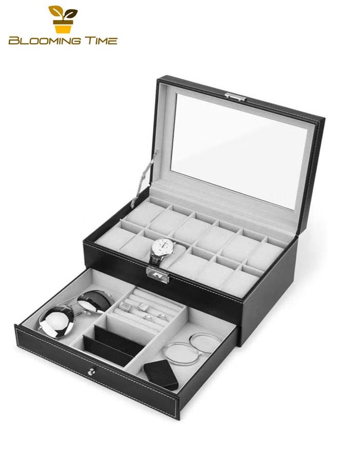 بلومنغ تايم بو الجلود ووتش جمع مربع ، 12 فتحة ووتش مربع والمجوهرات مزيج درج ، الطبقات صعودا وهبوطا ، سهلة لتخزين ، سعة مساحة كبيرة ، للعائلة والأصدقاء - Image 2