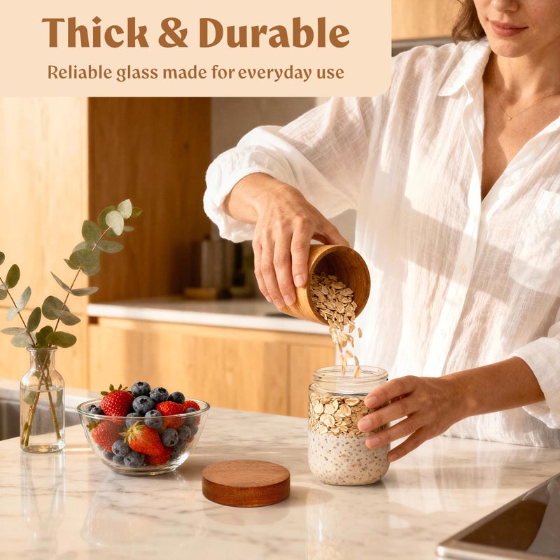 EDELHAUS Overnight Oats Containers with Lids Acacia (4 x 16oz) Glass Jars for Oatmeal, Meal Prep, Food Storage | Leak-Proof Mason Jars for Oats, Cereal, Yogurt, Chia Pudding [Thicker Glass 3mm] - Image 3