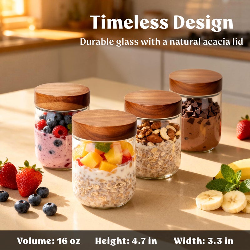 EDELHAUS Overnight Oats Containers with Lids Acacia (4 x 16oz) Glass Jars for Oatmeal, Meal Prep, Food Storage | Leak-Proof Mason Jars for Oats, Cereal, Yogurt, Chia Pudding [Thicker Glass 3mm] - Image 2