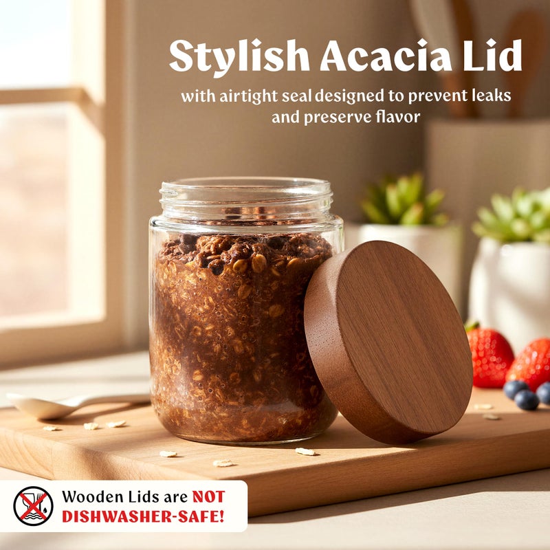 EDELHAUS Overnight Oats Containers with Lids Acacia (4 x 16oz) Glass Jars for Oatmeal, Meal Prep, Food Storage | Leak-Proof Mason Jars for Oats, Cereal, Yogurt, Chia Pudding [Thicker Glass 3mm] - Image 4