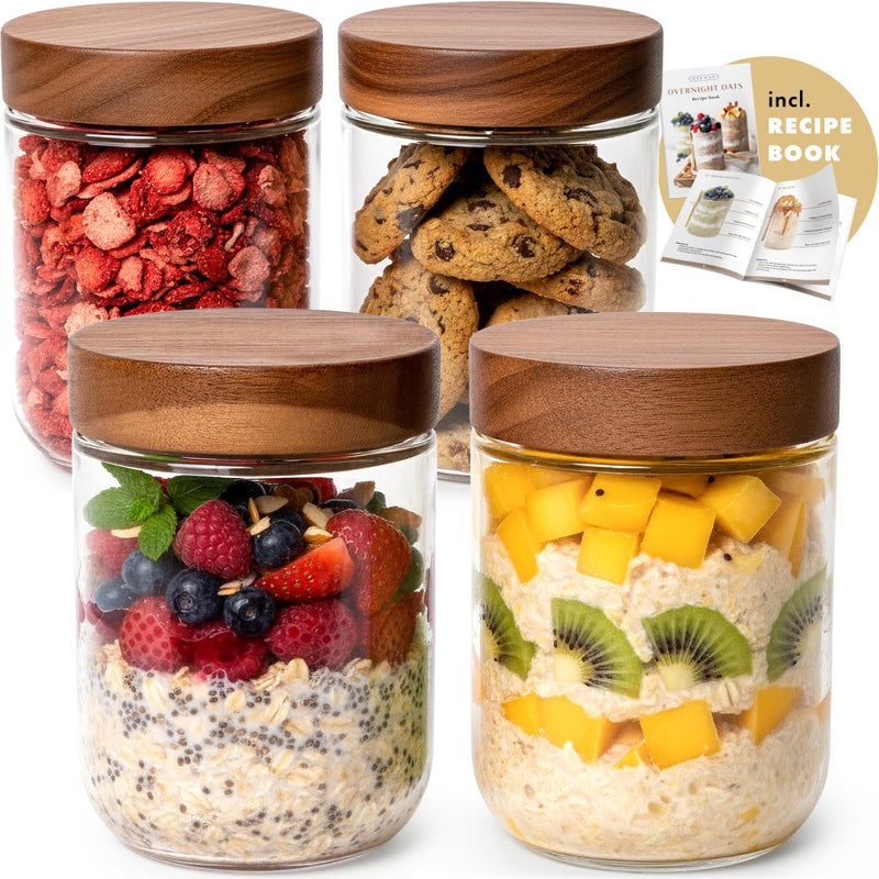EDELHAUS Overnight Oats Containers with Lids Acacia (4 x 16oz) Glass Jars for Oatmeal, Meal Prep, Food Storage | Leak-Proof Mason Jars for Oats, Cereal, Yogurt, Chia Pudding [Thicker Glass 3mm] - Image 1