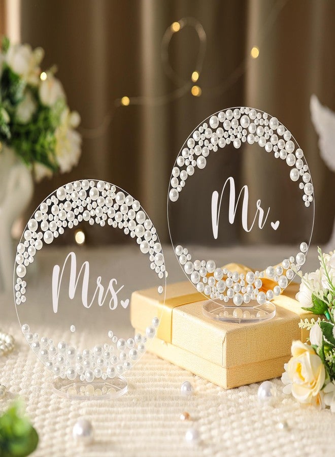 Jingmore 2 Pcs Mr and Mrs Sign for Wedding Sweetheart Table Decorations 6 Inch Acrylic Mr & Mrs Sign Pearl Bride Groom Wedding Centerpieces Head Table Decor for Reception Bridal Shower(Round) - Image 1