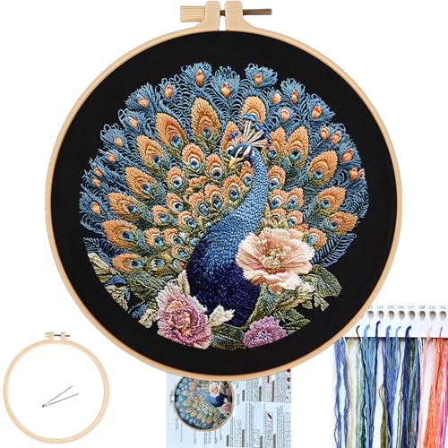 FONNUY Peacock Floral Embroidery Kit Cross Stitch Kits Handmade Crafts with Printed Patterns for Beginner Adults Easy to Follow Color Thread Needlework 8 Hoop Elegance and Royalty - Image 1