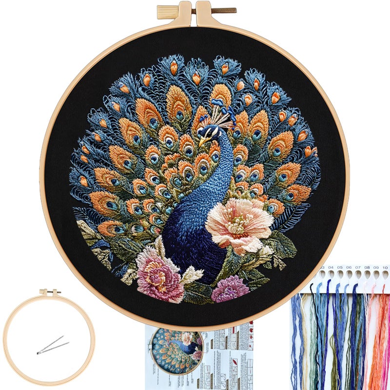 FONNUY Peacock Floral Embroidery Kit Cross Stitch Kits Handmade Crafts with Printed Patterns for Beginner Adults Easy to Follow Color Thread Needlework 8 Hoop Elegance and Royalty - Image 3