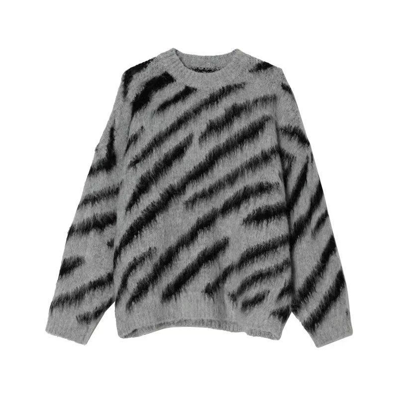 New niche high-grade zebra print pullover round neck sweater mens loose sweater coat thickened ins fashion Brown MY14