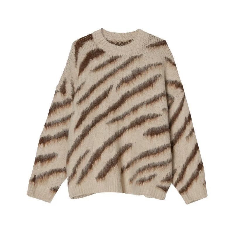 New niche high-grade zebra print pullover round neck sweater mens loose sweater coat thickened ins fashion Brown MY14