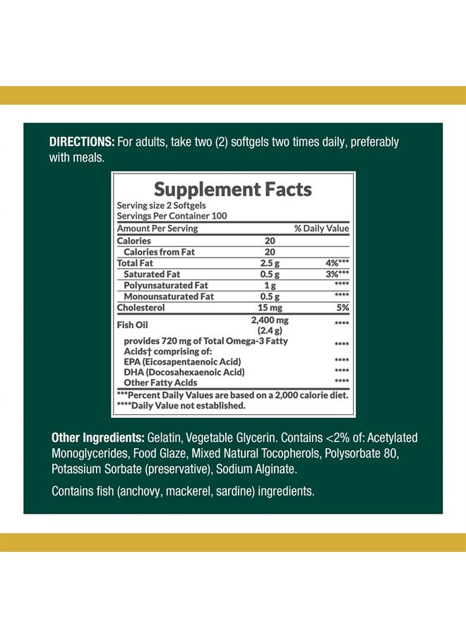 NATURE'S BOUNTY - Fish Oil, Dietary Supplement with 360mg Omega-3, Supports Heart Health, 1200mg, 200 Softgels (Pack of 2) - Image 1