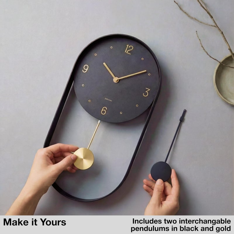 Driini Modern Pendulum Wall Clock - Black and Gold Decorative Wall Clock with Pendulum - Modern Minimalist Metal Wall Clock for Living Room DÃ©cor - Silent Battery Operated Wall Clock - Image 2